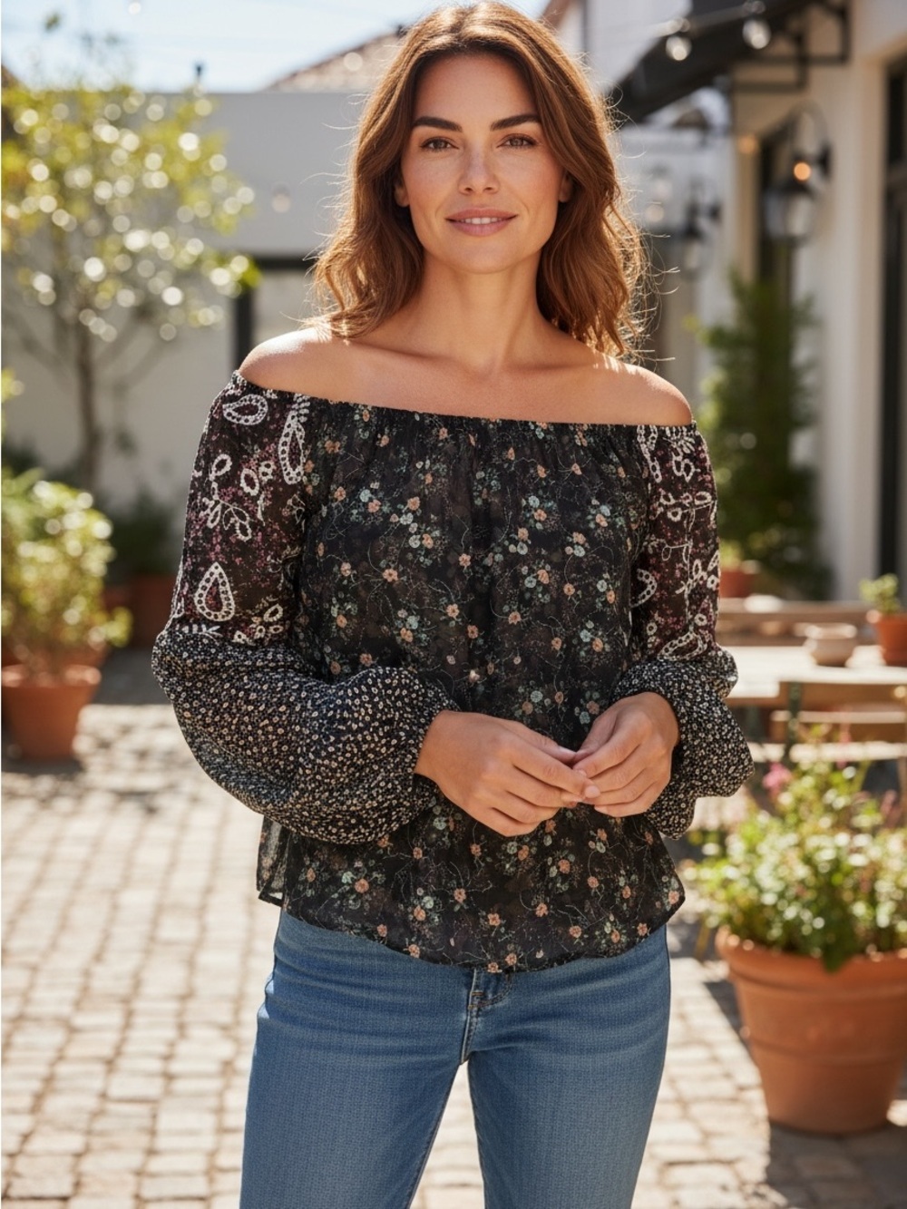 Umgee Black Floral Off-Shoulder Peasant Blouse